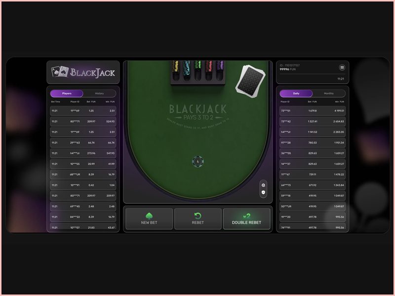 Interfaccia di Blackjack Galaxsys: pulsanti Hit, Stand, Double, Split