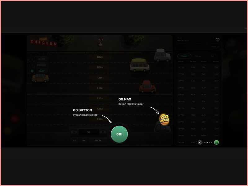 A função de seleção de linha e o botão «Go» no Chicken Crash