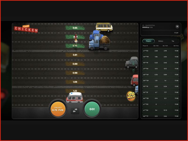 A interface e o design do jogo Chicken Crash apresentam um estilo animado e colorido