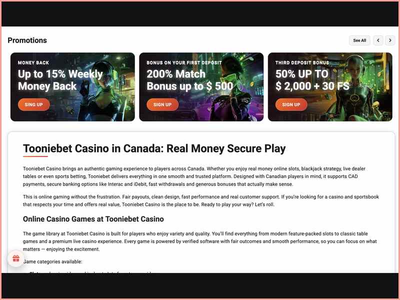 ToonieBet Casino welcome package: up to 6,000 CAD and free spins