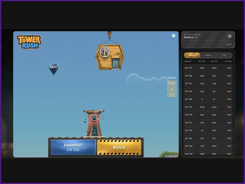 Features and specifications of the Tower Rush crash game by Galaxsys