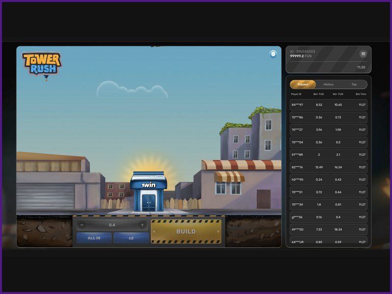 The interface and controls of the Tower Rush crash game